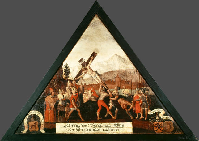 Das Crütz ward vfgericht mitt g'schrey,
Der Lestrungen gabs mancherley

Bildnummern: Kdm LU 73b, Inschriftenverzeichnis 44r, von Moos XLIV