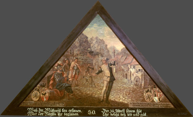 Was der Muthwill kann ersinnen,
War der Vögten ihr beginnen,

Der zu Altorff seinem hut
Ehr befahl beÿ leib und gut.

Bildnummern: Kdm LU 30, Halter LIII, Eglin 30