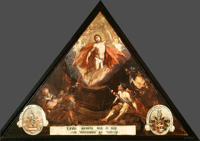 Christus glorwürdig durch sin macht
sin vfferstendtnus hat vollbracht.

Bildnummern: Kdm LU 53b, Inschriftenverzeichnis 63r, von Moos LXIII