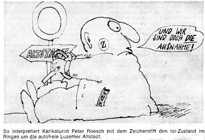 Im Gegensatz zu den Detaillisten hatten die Wirte wenig Freude an der Autofreiheit. Das «Z» bezieht sich auf die gelben Kennmarken für Ausnahmebewilligungen.