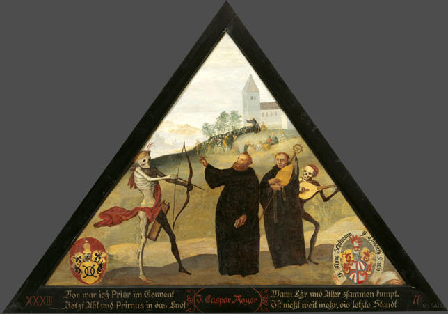 Vor war ich Prior im Convent
Jetzt Abt und Primus in das Endt

Wann Ehr und Alter zsammen kumpt.
Ist nicht weit mehr, die letzte Stundt.

Bildnummern: Kdm LU 11, Halter XXI, Eglin 11