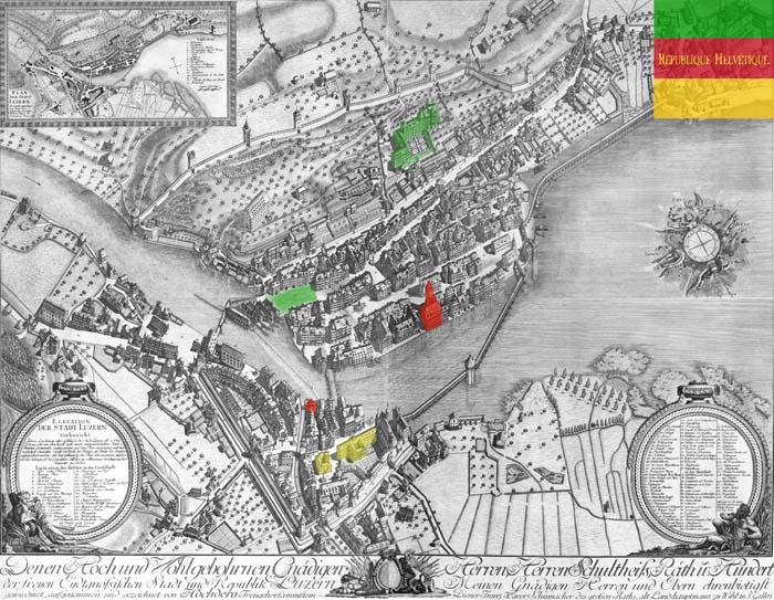 Grün: Kloster Mariahilf: Grosser Rat, Kanzleien, Archive, Druckerei; Mühlenplatz: Bürgereid – Rot: Rathaus: Senat; Sonnenberghaus: Schatzamt – Gelb: Falcinisches Haus: Gerichtshof; Ritterscher Palast: Direktorium.