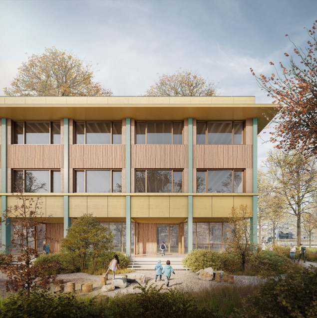 Visualisierung Südfassade Erweiterungsneubau mit Aussenraum Kindergarten