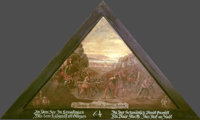 An dem See zu Ermatingen
Wils dem Eydgenoss nit Glingen

Da der Schwäbisch Pundt Gewünnt
Ein Paar Stuckh, Das Dorff an Zündt.

Bildnummern: Kdm LU 66, Halter XVIII, Eglin 64