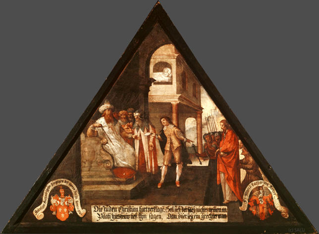 Die Juden Christum hart verklagen:
Pilati husfraw liess ihm sagen,

Soll sich der sach nichts nemmen an
Dan dieser sey ein grechter man

Bildnummern: Kdm LU 85b, Inschriftenverzeichnis 32r, von Moos XXXII