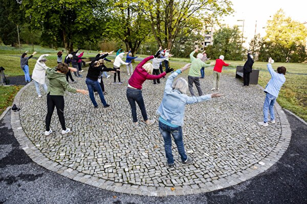 Gruppe praktiziert Qi Gong auf dem Waldfriedhof Staffeln