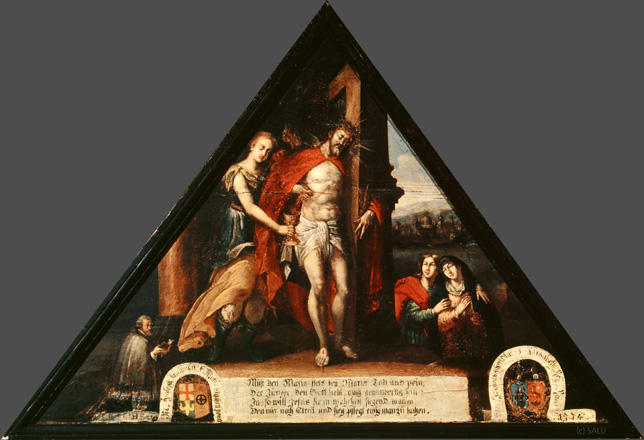 Muss den Maria stets bey Marter, Tod und pein,
Der Jünger, Den Gott liebt, auch gegenwertig sein?

Ja, so will Jesus sie in wahrheit siegend machen.
Den nur nach Streit und sieg pflegt ewig man zu lachen.

Bildnummern: Kdm LU 109b, Inschriftenverzeichnis 7r, von Moos VII