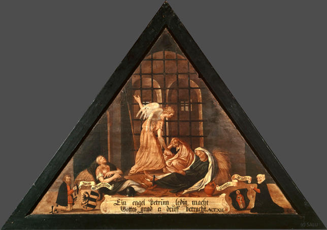 Ein engel Petrum ledig macht
Gottes gnad er druff betracht.

Bildnummern: Kdm LU 31b, Inschriftenverzeichnis 86r, von Moos LXXXVI