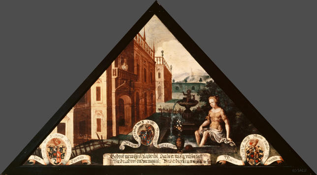 Bedenk mein Christ zu ieder frist
Wie Dauid vns ein warnung ist:

Dan do er muessig vmmspaziert
Ward er durch ein wibsbild verführt<

Bildnummern: Kdm LU 20a, Inschriftenverzeichnis 105v, von Moos 20