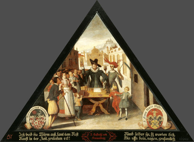 Ich treib die Würm auss, samt dem Nest
Kauft in der Zeit, probatum est!

Nimb selber yn, sy werden dich,
Bis uffs bein, nagen, grusamlich.

Bildnummern: Kdm LU 43, Halter 30, Eglin 51