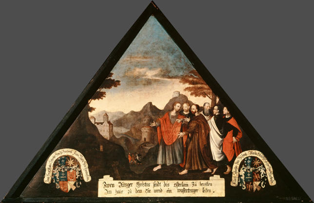 Zwen Jünger Christus sendt das osterlamm Zu bereiten,
Im haus zu dem sie werd ein wassertrager leiten.

Bildnummern: Kdm LU 100a, Inschriftenverzeichnis 17v, von Moos 103