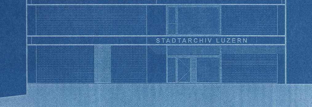 Fassade des Stadtarchivs als Cyanotypie