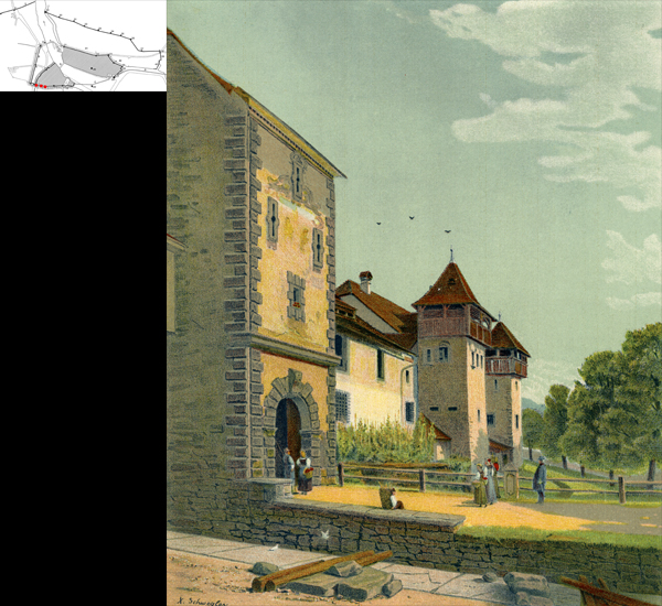 Die Krienser Marktfahrer passierten die städtischen Ringmauern bis 1856 am Ober- oder Kriensertor. Im Hintergrund die beiden Türme vor dem Franziskaner- oder Barfüesserkloster, 1857 abgebrochen.