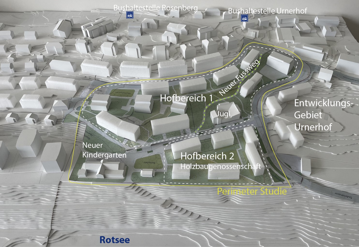 Städtebauliches Bestszenario mit zwei Hofbereichen und einem neuen öffentlichen Fussweg