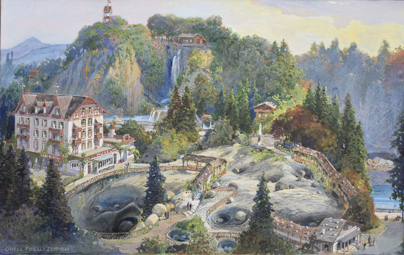 Originalvorlage für eine Ansichtskarte mit der Gesamtanlage, einschliesslich Löwendenkmal (hinten rechts).
