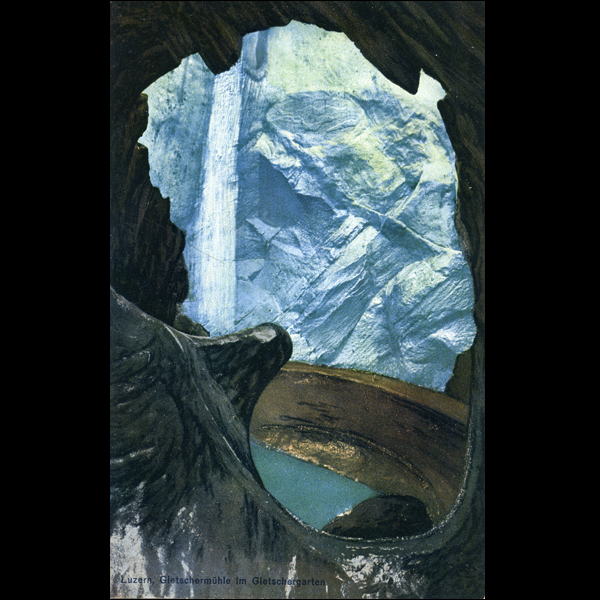 1895 brauchte es in der Vorstellung noch einen Mahlstein (hier ein luftgefüllter Kautschukball), inzwischen weiss man, dass Schmelzwasser mit Sedimenten ausreicht für die Entstehung eines Gletschertopfs.