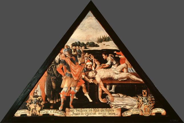 Sant Barthlime liess d'hutt abschinden,
Damit er Christum mochte finden.

Bildnummern: Kdm LU 29b, Inschriftenverzeichnis 88r, von Moos LXXXVIII