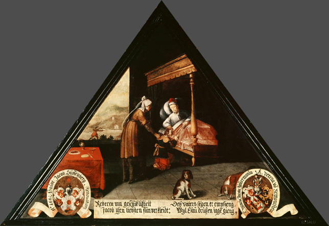 Rebecca mit geschiklikheit
Jacob ihrn liebsten sun verkleidt:

Dess vaters segen er empfieng,
Wyl Esau drussen jagen gieng.

Bildnummern: Kdm LU 104a, Inschriftenverzeichnis 13v, von Moos 107