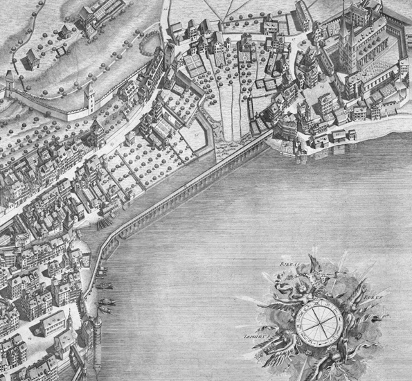 Franz Xaver Schumacher verewigte die Hofbrücke mit ihren 58 Jochen im Jahr 1792 auf seinem bekannten Prospekt. Wenige Jahrzehnte später war das mittelalterliche Bauwerk Geschichte.