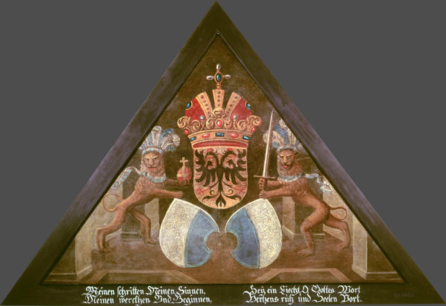 Meinen schritten Meinen Sinnen,
Meinen werckhen Und Beginnen,

Sey ein Liecht, O Gottes Wort
Hertzens ruh und Seelen Port.

Bildnummern: Kdm LU keine, Halter 1, Eglin fehlt