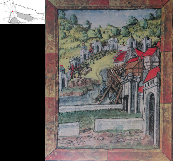 Die Obrigkeit liess den vor der Stadtmauer stehenden Judenturm 1771 wegen Baufälligkeit niederlegen. Im Hintergrund ist der Bau der Museggmauer und der Spreuerbrücke dargestellt.
