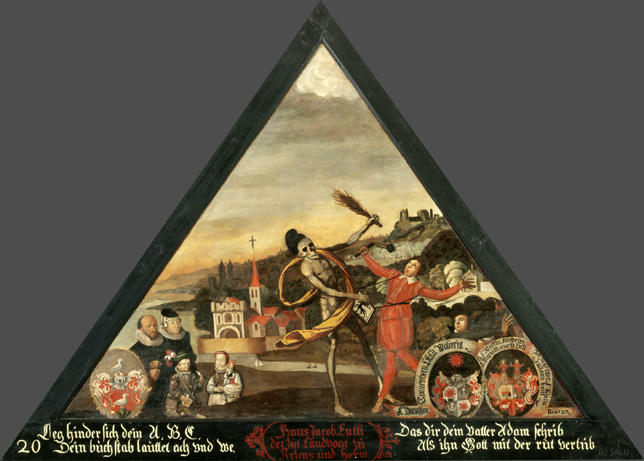 Leg hinder sich dein A, B, C,
Dein buchstab lauttet ach und we,

Das dir dein Vatter Adam schrib,
Als ihn Gott mit der rut vertrib.

Bildnummern: Kdm LU 59, Halter 20, Eglin 42