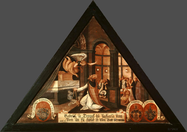 Gabriel in Tempel zu Zacharia kam
Von im Fil froeued er Von Gott vernam.

Bildnummern: Kdm LU 31a, Inschriftenverzeichnis 86v, von Moos 34