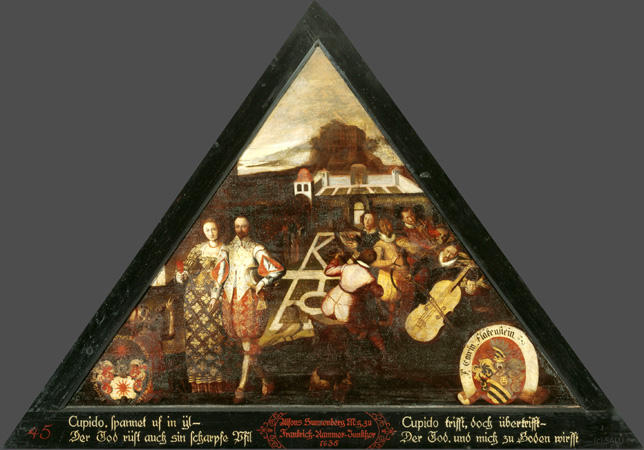 Cupido, spannet uf in yl -
Der Tod rüst auch sin scharpfe Pfil

Cupido trifft, doch übertrifft - 
Der Tod, und mich zu Boden wirfft.

Bildnummern: Kdm LU 41, Halter 23, Eglin 45