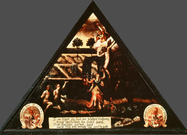 Dem Thodt der sünd der helschen Schlang
bringt Christi Thodt den vnder gang.

Dass Baradiss geöfnet hatt
macht frid dem menschen vnd gnad by gott.

Bildnummern: Kdm LU 63b, Inschriftenverzeichnis 54r, von Moos LIV