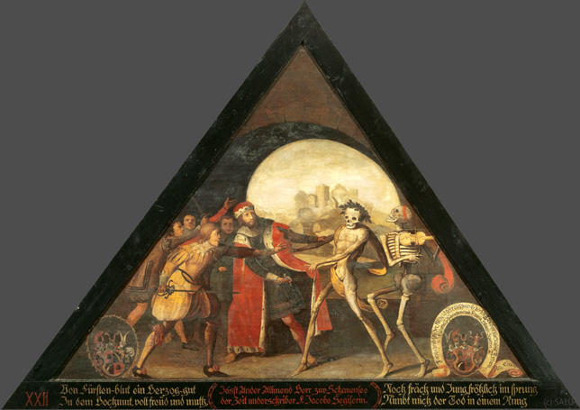 Von Fürsten-blut ein Herzog gut
In dem Hochmut, voll freüd und muth,

Noch fräch und Jung, fröhlich im sprung
Nimbt mich der Tod in einem Rung.

Bildnummern: Kdm LU 10, Halter XXII, Eglin 10