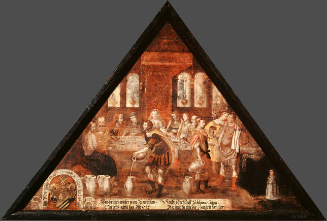 Aus brunnen wasser wein zu machen. Sindt ohne Kunst zu schwere sachen.
Christus allein hatt dise ehr. Darumb in ihm die Gottheit vereher

Bildnummern: Kdm LU 110a, Inschriftenverzeichnis 6v, von Moos 114