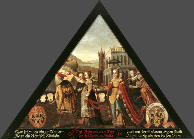 Wan schon ich bin ein Kaiserin
Dazu ein Römisch Künigin

Lasst mir der Tod, vom Hohen Stamm
Nichts übrig, als den blossen Nam.

Bildnummern: Kdm LU 6, Halter XXVII, Eglin 5