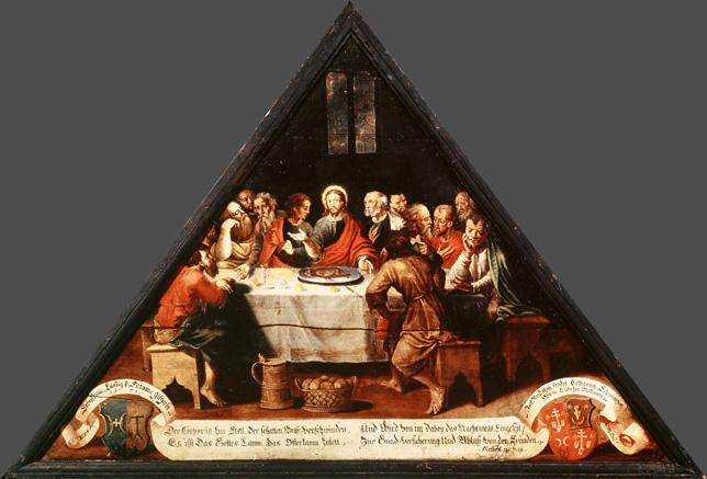 Der Cörper ist Zur Stell, Der schatten Muss verschwinden,
Es isst Das Gottes Lamm Das Osterlamm Zuletzt,

Und Wird von im Dabey das Nachtmahl Eingesezt
Zur Gnadversicherung Und Ablass von den Sünden

Bildnummern: Kdm LU 106a, Inschriftenverzeichnis 11v, von Moos XI
