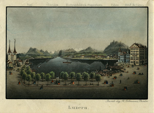 Kolorierte Aquatinta, welche die Seepromenade nach dem Abbruch der Hofbrücke 1852 und der Fertigstellung des neuen Quais perspektivisch verkürzt zeigt.