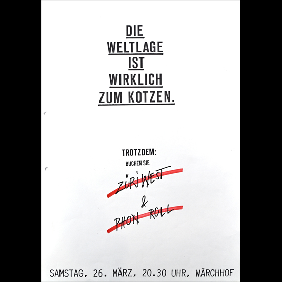 Ein Werbeplakat von 1988 zum Konzert von Züri West und Phon Roll im Wärchhof.