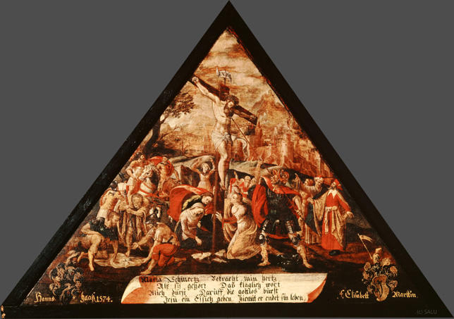 Maria Schmertz Betracht min hertz
Alss sy gehört Dass kläglich wort

Mich dürst Daruff die gottloss burst
Jesu ein Essich geben, hiemit er endet sin leben.

Bildnummern: Kdm LU 64b, Inschriftenverzeichnis 53r, von Moos LIII
