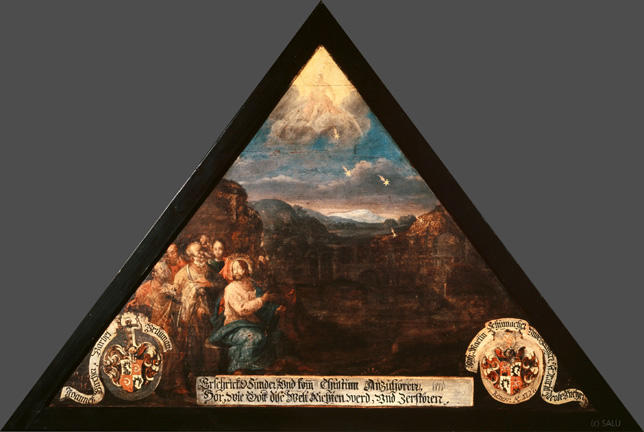 Erschrick, O Sünder, Vnd komm Christum Anzuhören,
Hör, wie Gott diese Welt Richten werd, vnd zerstören

Bildnummern: Kdm LU 95b, Inschriftenverzeichnis 22v, von Moos 98