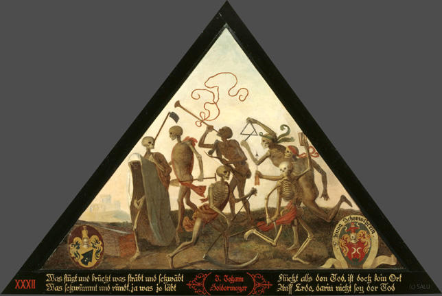 Was flügt und krücht was sträbt und schwäbt
Was schwümmt und ründt, ja was je läbt

Flücht alls den Tod, ist doch kein Ort
Auff Erde, darin nicht sey der Tod.

Bildnummern: Kdm LU 2, Halter XXXII, Eglin 1