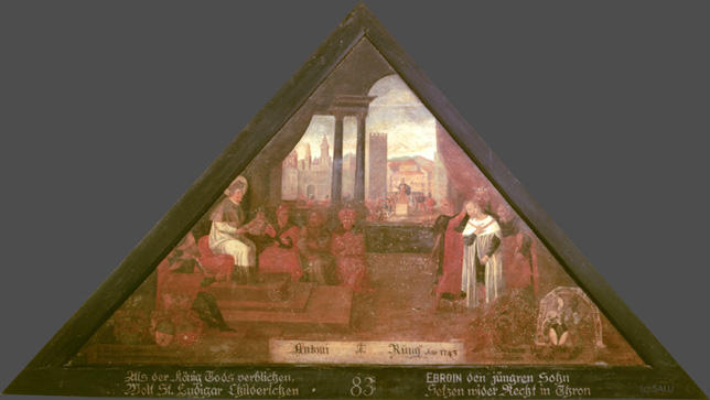 Als der könig Tods verblichen,
Wolt St. Ludigar Childerichen

EBROIN den jüngren Sohn,
Setzen wider Recht in Thron

Bildnummern: Kdm LU 90, Halter 15, Eglin fehlt