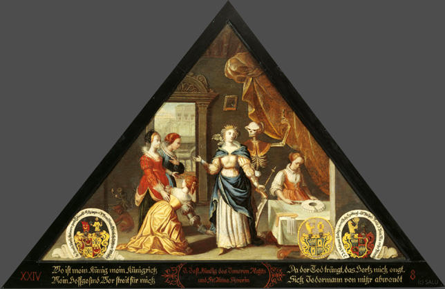 Wo ist mein Künig mein Künigrich
Mein Hoffgesind Wer Streit für mich

Da der Tod trängt, das Hertz mich engt.
Sich Jedermann von mihr abwendt.

Bildnummern: Kdm LU 8, Halter XXIV, Eglin 8