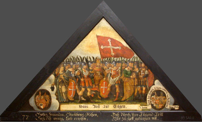 Gottes Freunden, Glaubens=Rissen,
Sey diss wenig Lob erwisen;

Dass durch ihre Tugend=Tritt
Wir zu gott gelangen mit.

Bildnummern: Kdm LU 145, Halter 77, Eglin fehlt