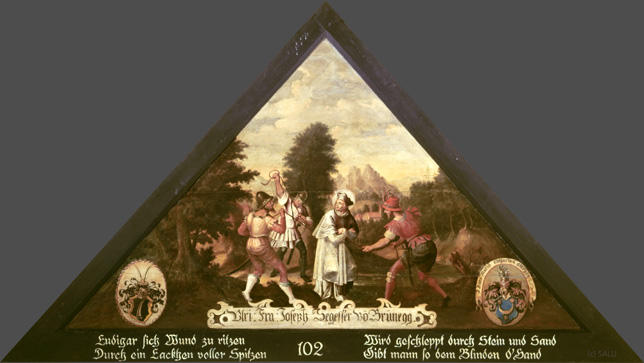 Ludigar sich Wund zu ritzen.
Durch ein Lackhen voller Spitzen

Wird geschleppt durch Stein und Sand
Gibt mann so dem Blinden d'Hand

Bildnummern: Kdm LU 110, Halter 36, Eglin fehlt