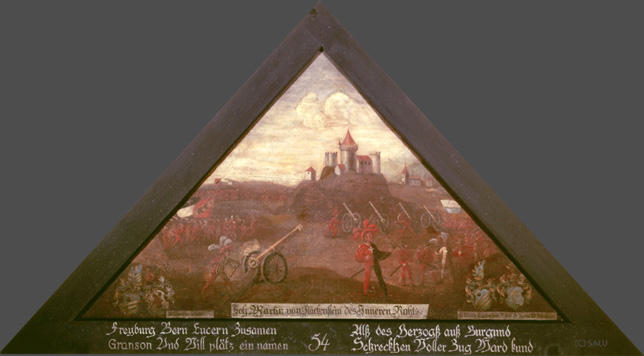 Freyburg Bern Lucern Zusamen
Granson Und Vill plätz ein namen

Alss des Herzogs aus Burgund
Schreckhen Voll Zug Ward kund.

Bildnummern: Kdm LU 55, Halter XXVIII, Eglin 54