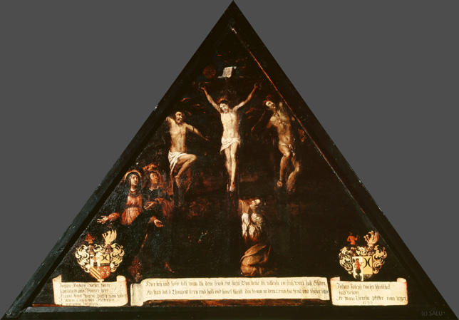 Hier steh vnd halte still wan du dein feind Auf suchst. Von demme du villeicht ein stich wort hast Erlitten
An statt das d Thausent stern vnd höll vnd himel fluchst, Hör Jesum an dem Creütz für feind vnd schäher bitten.

Bildnummern: Kdm LU 66b, Inschriftenverzeichnis 51r, von Moos LI