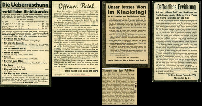 Im Jahr 1933 sorgte die Preisreduktion des Kino Capitol bei den restlichen Kinobetreibern der Stadt für Unmut.