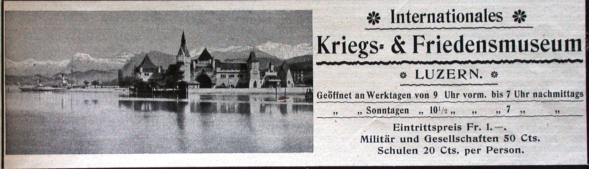 Das Museum klärte über die Gefahren des Krieges auf. Ziel war die Förderung der Abrüstung. Auch hier betrug der Eintrittspreis 1 Franken.