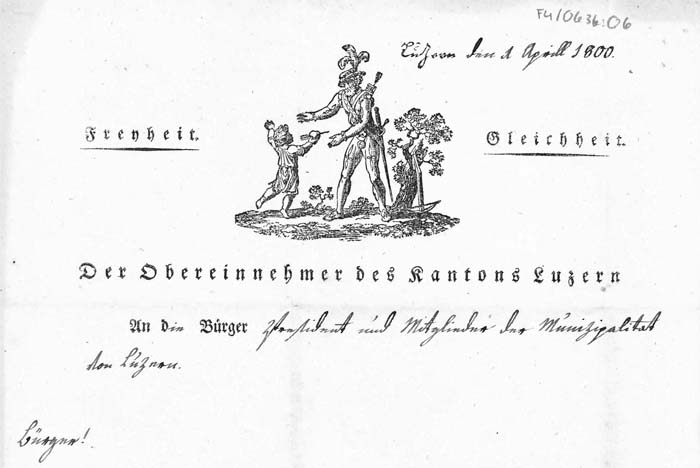 Die helvetische Regierung bediente sich nationaler Symbole und an die Stelle der bisher üblichen «hochgeehrten Herren» trat die simple und für alle geltende Anrede «Bürger!».