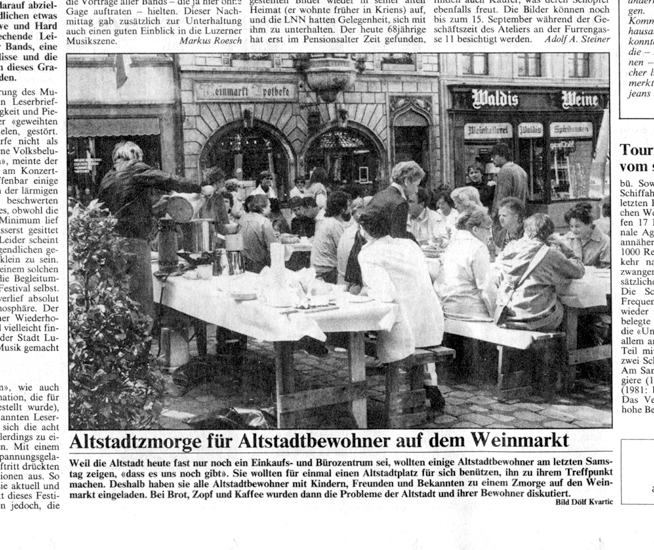 Die Tageszeitungen berichteten 1982 über die Aktion der Gruppe «Altstadtbewohner Luzern» zur Belebung des autofreien Platzes.