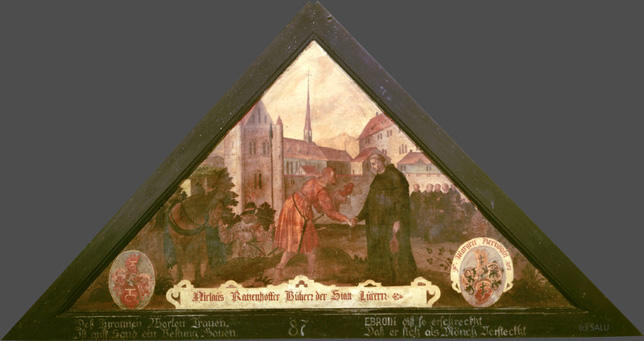 Dess Tyrannen Worten Trauen,
Jst auff Sand ein Vestung Bauen,

EBROIN diss so erschreckht
Dass er sich als Mönch Versteckht

Bildnummern: Kdm LU 94, Halter 19, Eglin fehlt