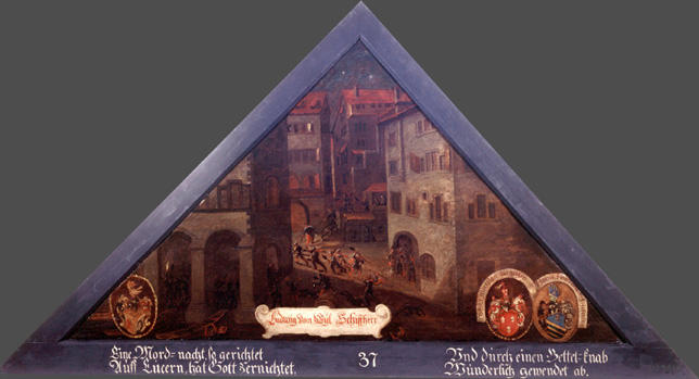 Eine Mord=nacht, so gerichtet
Auff Luzern hat Gott zernichtet.

Und durch einen Bettel=knab
Wunderlich gewendet ab.

Bildnummern: Kdm LU 37, Halter XLV, Eglin 37